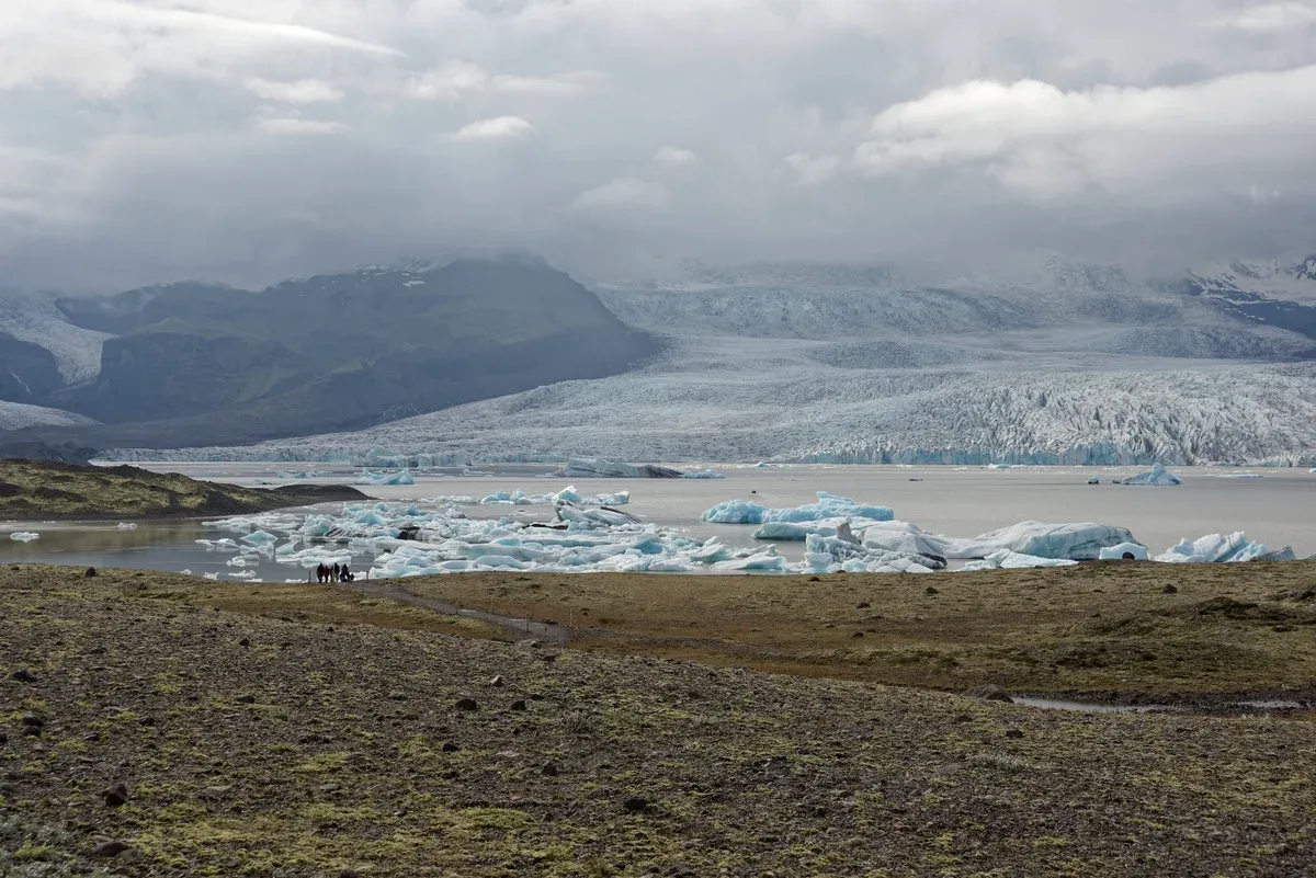 Icebergs below the Fjallsjökull glacier tongue at Fjallsárlón, the quieter alternative to a Jökulsárlón glacier lagoon boat tour